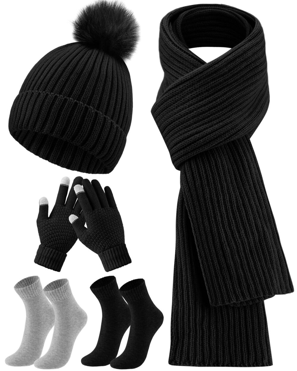 6345 5 Pieces Winter Beanie Hat Scarf Touchscreen Gloves and Thick Socks